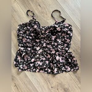 She + Sky Black and Pink Floral Adjustable Strap Camisole•Style SS8899